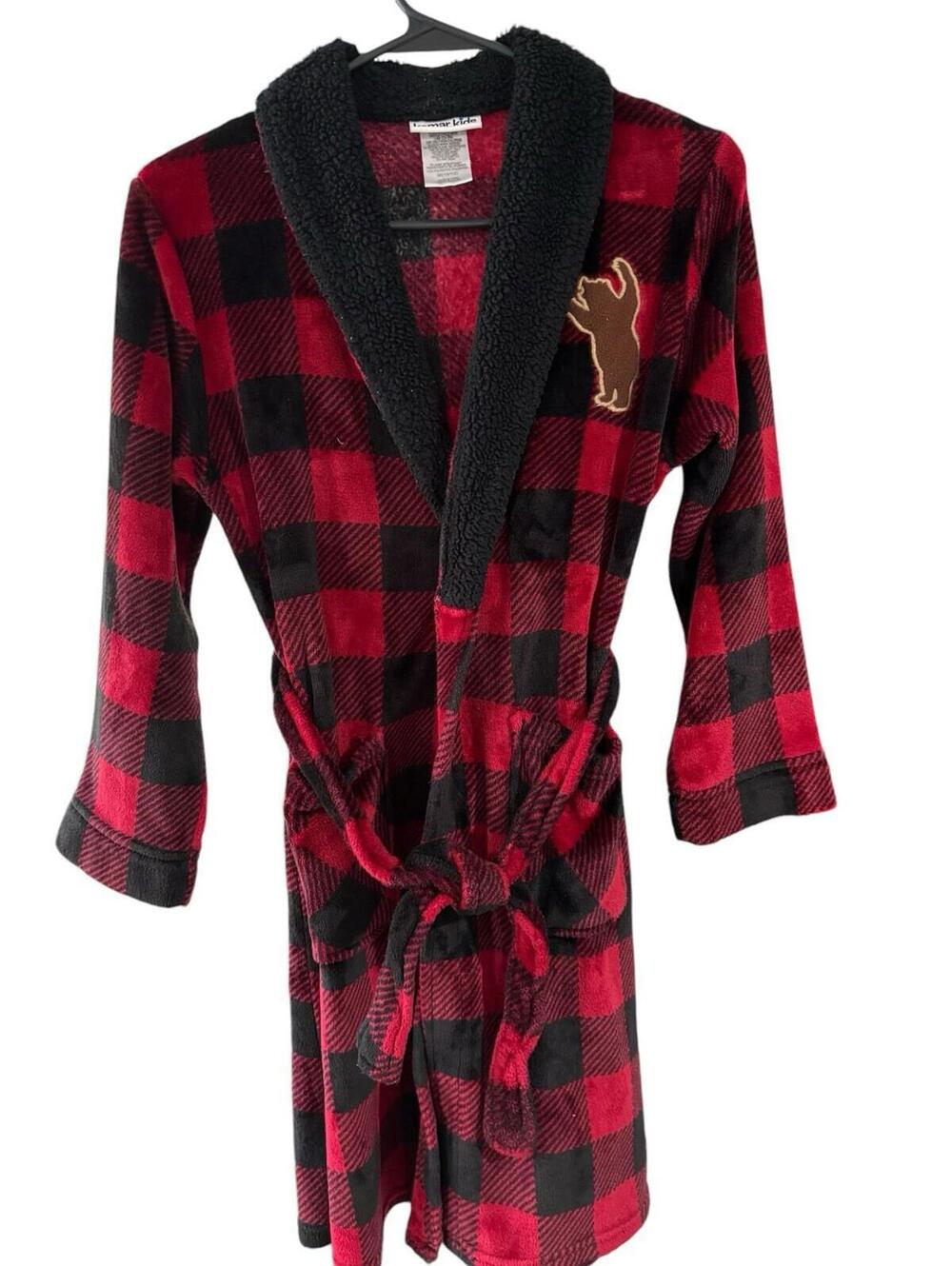 Komar Kids RED PLAID FLEECE BOYS Robe With Belt Bear Appliqué Size M